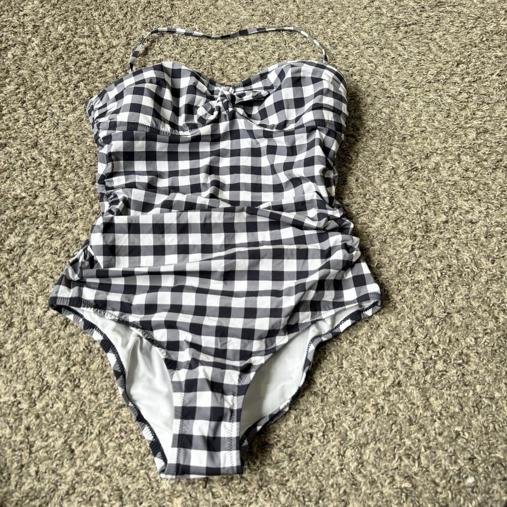 J. Crew Tie-front bandeau one-piece swimsuit Gingham Black White M Ruched NEW - Picture 1 of 5